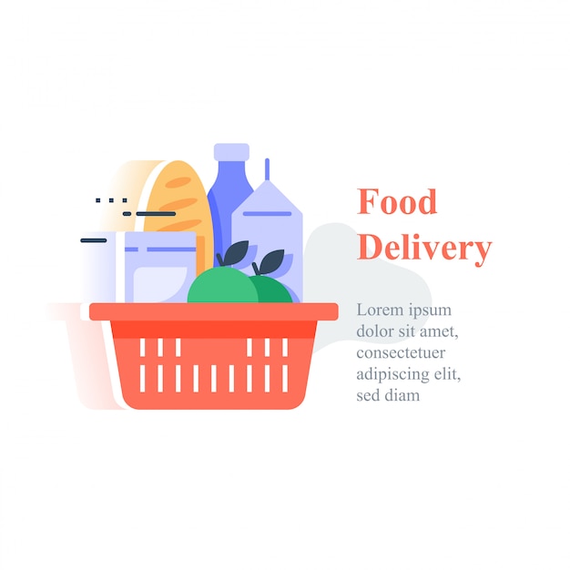 Full red basket of groceries, supermarket products abundance, food purchase and home delivery
