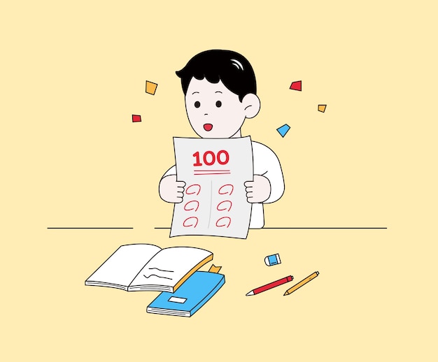 Full score School boy illustration set 100 test examination book Vector drawing Hand drawn style