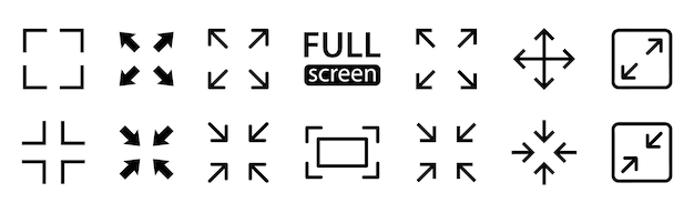 Vector full screen vector black icons set of full screen and exit full screen icon arrow mark icons scalability icons in flat style for web site ui mobile app vector illustration