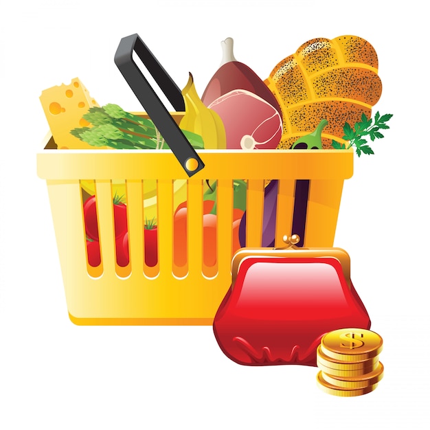 Vector full shopping basket and wallet