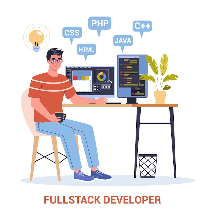 Vector   of a full stack developer working on computer. it professional programmer coding, website creation process. computer technology.   