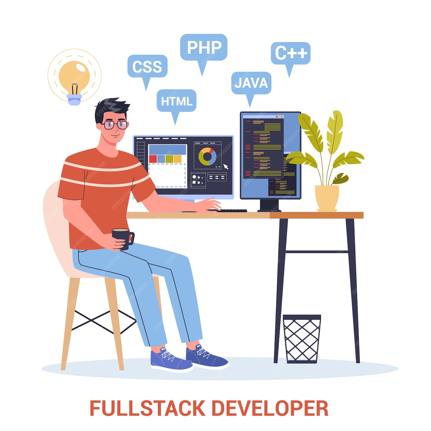 Premium Vector | of a full stack developer working on computer. IT ...