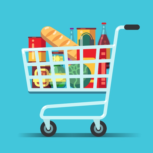 Vector full supermarket shopping cart. shop trolley with food. grocery store  icon