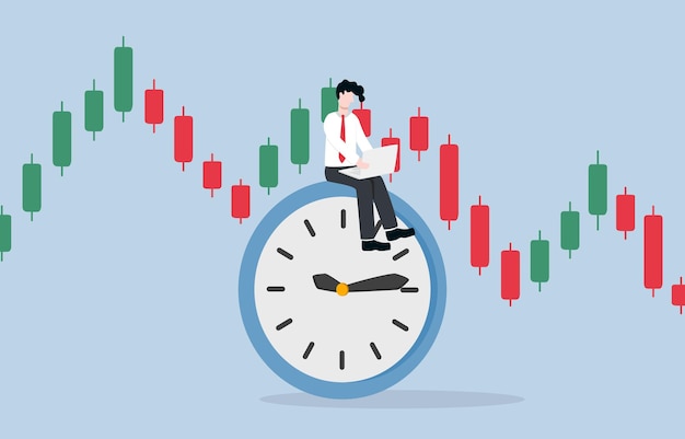 Full time trader concept Businessman trading on clock with candlestick graph background