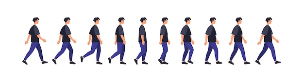 Full walk cycle sequence animation. man in motion, going, stepping side view. male gait phases, positions. casual person profile moving. flat vector illustrations isolated on white background.