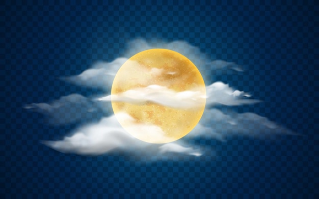 Vector full yellow moon on sky with clouds transparent