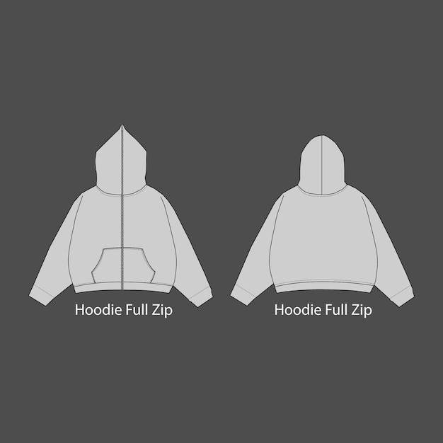 Vector full zip hoodie sweatshirt flat technical drawing illustration mockup template. cad streetwear