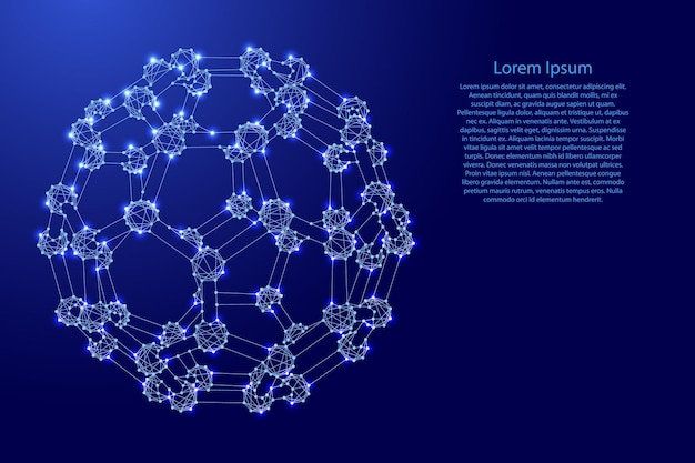 풀러렌은 미래형 다각형 파란색 선의 탄소 원자와 배너 포스터 인사말 카드 벡터 일러스트레이션을 위한 빛나는 별의 분자 화합물 구조