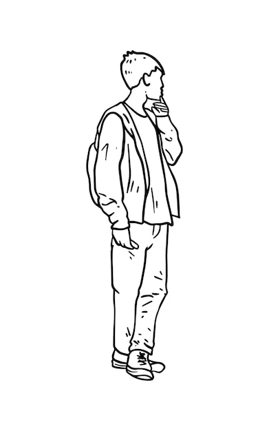 A fulllength guy in a jacket pants with a phone in his hand and fingers near his mouth pensive man