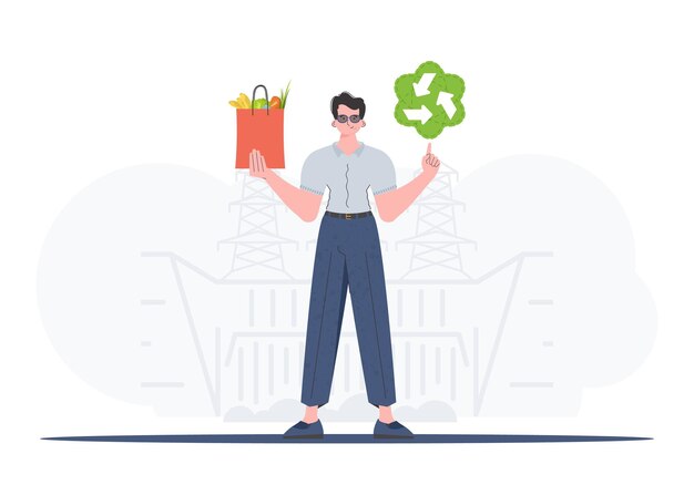 Vector a fulllength man is shown holding an eko icon and a package of proper nutrition healthy food ecology recycling and zero waste concept trend vector illustration