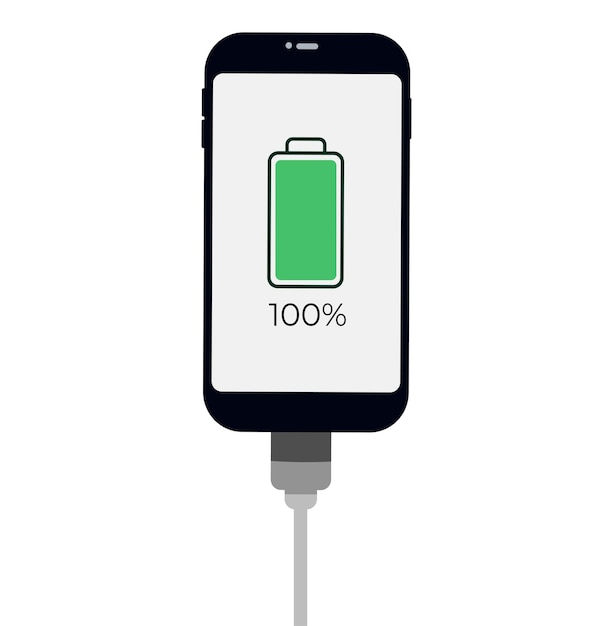 A fully charged smartphone battery. smartphone with battery level indicator and usb connection