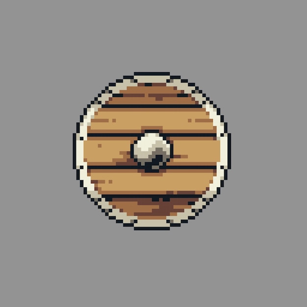 Fully editable pixel art vector illustration old wooden shield for game development graphic design