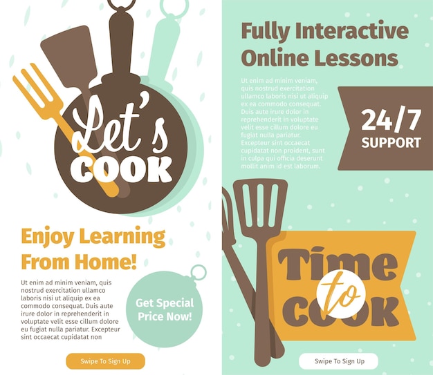 Fully interactive online lessons cooking time learning from home Preparing tips from professionals Cuisine and recipe courses dishes Advertisement promotional banner vector in flat style