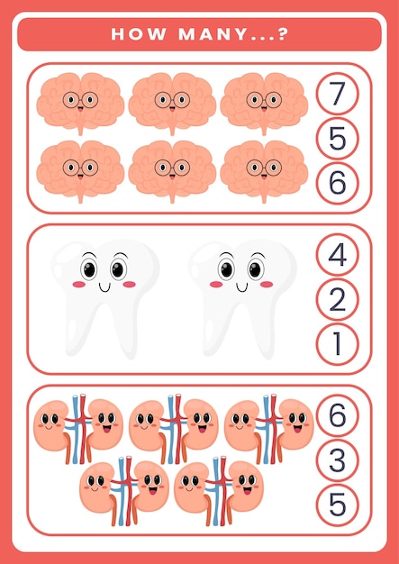 子供のためのかわいい漫画の人体解剖学と臓器のワークシートを数えて合計することによる楽しい追加