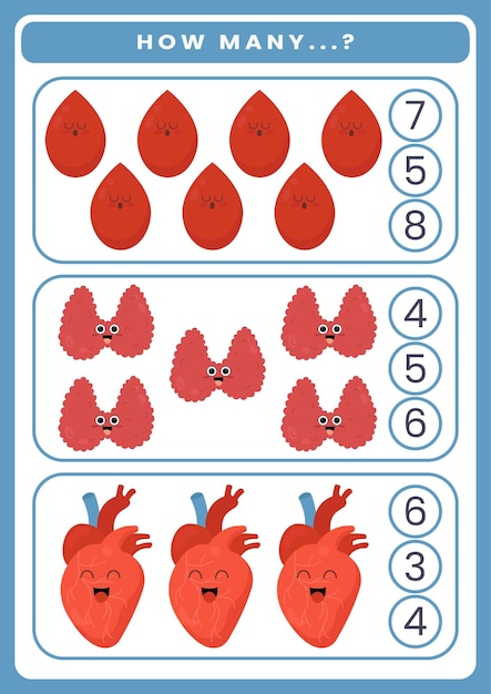 Fun addition by counting and sum cute cartoon human anatomy and organ worksheet for kids