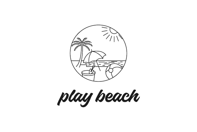 Divertente spiaggia con palla e sabbia pot e ombrellone per i bambini gioca viaggio vacanza logo design