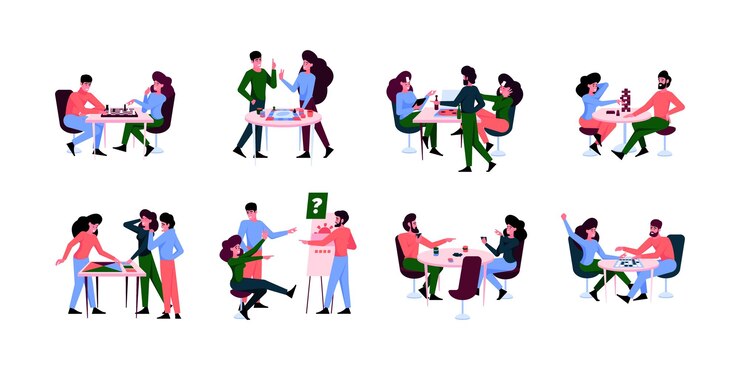 Vector fun board games happy adults and kids playing at board games chess latto gaming dice poker garish vector flat people