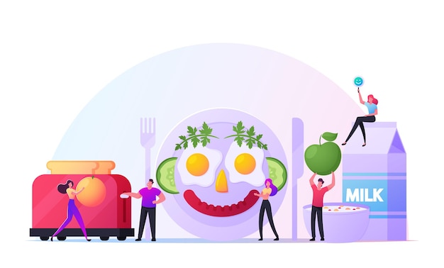 Fun Breakfast Concept. Male and Female Characters Cooking Funny Meal Look Like Smiling Human Face made of Fried Eggs, Sausage and Vegetable on Plate. Tiny People Cook Food. Cartoon Vector Illustration