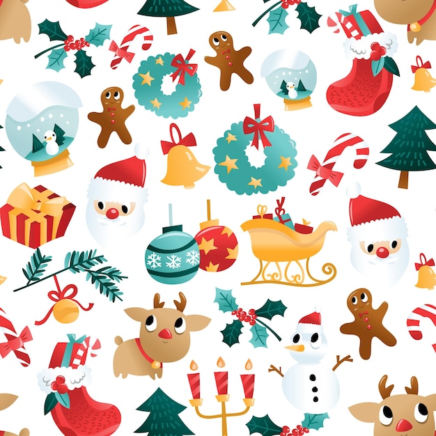 Fun cartoon christmas holiday decorations seamless pattern background