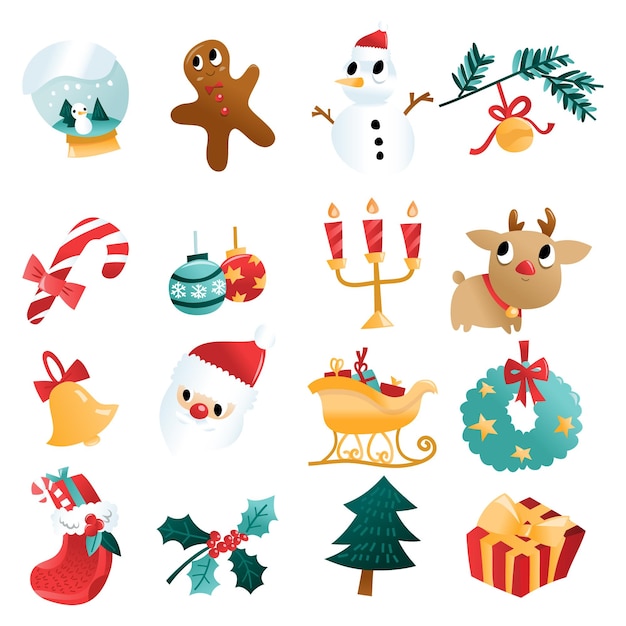 Vector fun cartoon christmas holiday decorations set