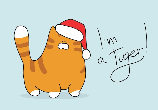 재미 있는 만화 호랑이 벡터 일러스트 레이 션. 새해 복 많이 받으세요. 휴가를 위한 산타 모자 디자인의 귀여운 고양이.