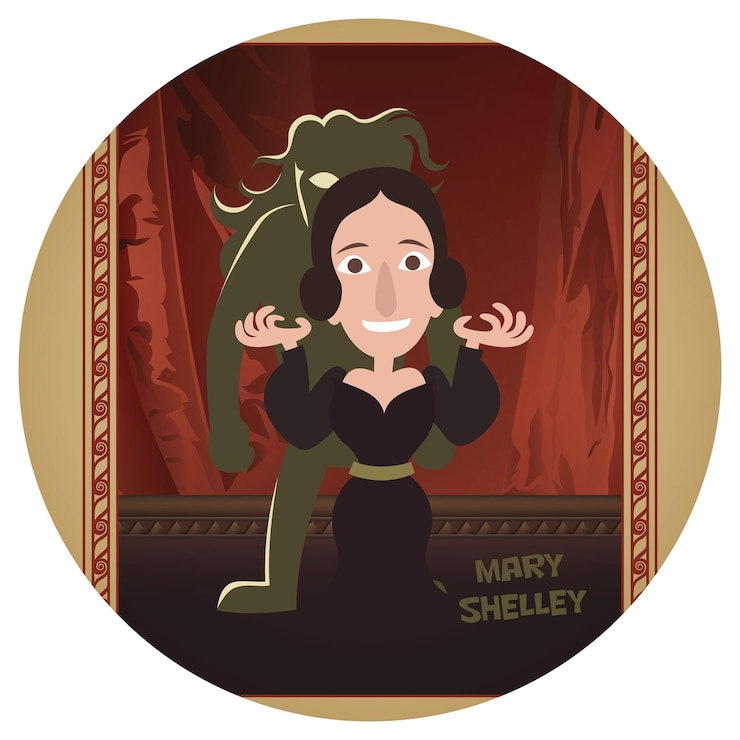 Vector fun cartoon vector illustration of mary shelley historical literature classic scifi horror writer