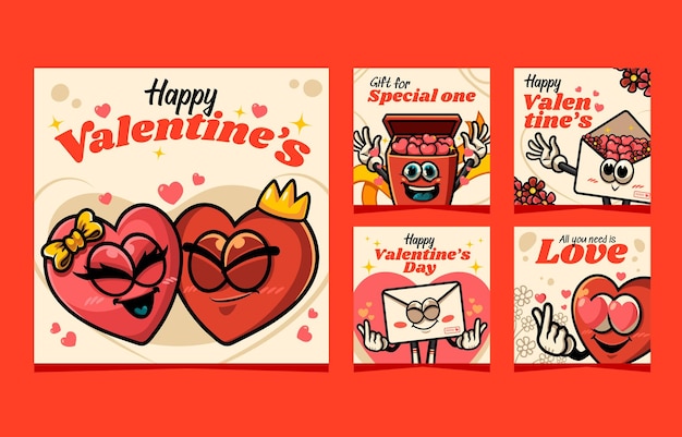 カートゥーンキャラクターでバレンタインデーをポストする楽しくてカラフルなソーシャルメディア