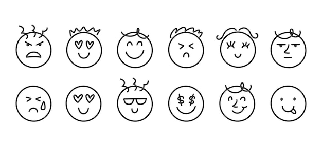 Fun Emoji Icon Set Line Art Emoticon Doodle Faces with Happy Sad Emotions Kindergarten Children o