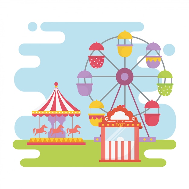 Vector fun fair carnival ferris wheel carousel ticket booth recreation entertainment