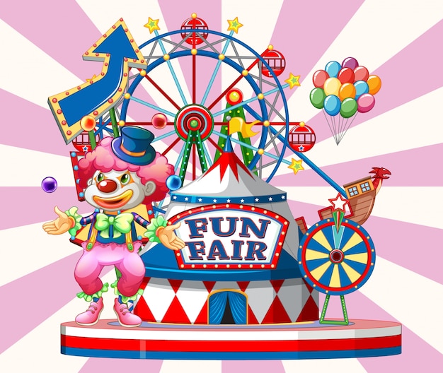 Vettore fun fair segno con clown felice e molte giostre