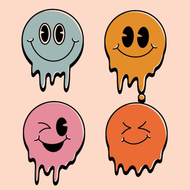 Вектор fun groovy retro drip emoji set красочный стиль коллекции groovy