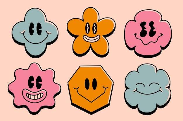 Вектор fun groovy retro shape emoji set красочный стиль коллекции groovy