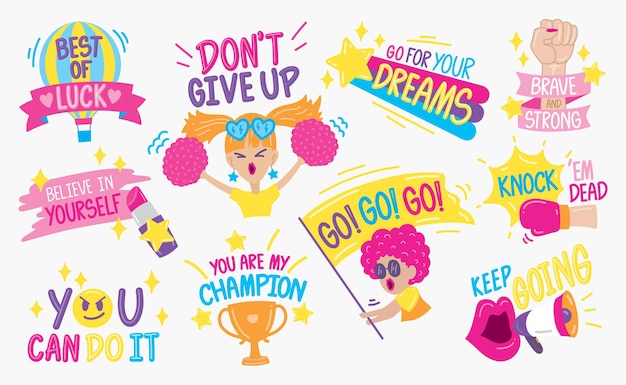 Fun hand drawn graphic elements vector set with handwriting words for cheering or encouraging