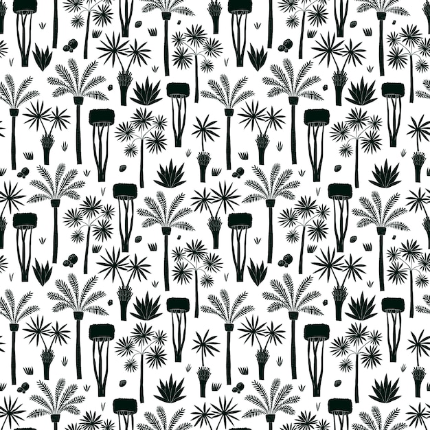 Vector fun hand drawn palms and trees seamless pattern. african plants