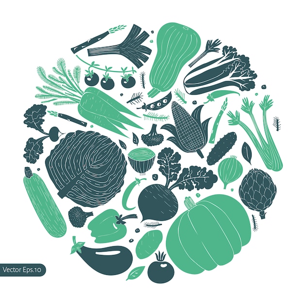 Vector fun hand drawn vegetables design template.