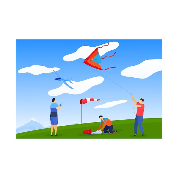 Fun hobby activity happy leisure with sky kite at wind vector illustration cute boy girl child play