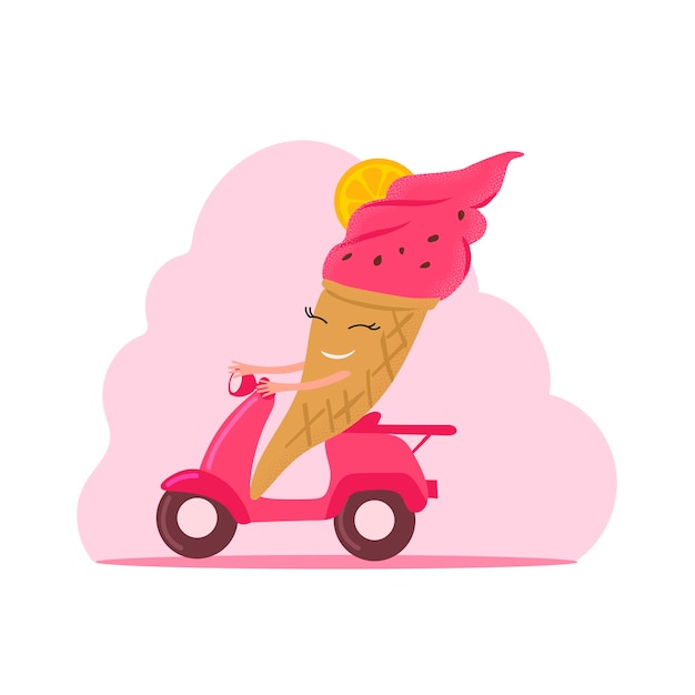Fun ice cream ride on a scooter. Pink background. Vector illustration.