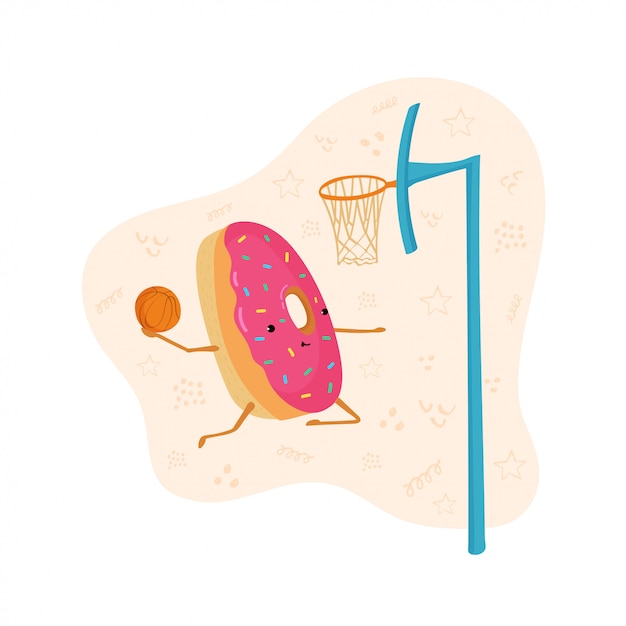 Un'illustrazione divertente di una ciambella che gioca a pallacanestro