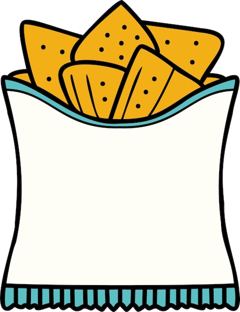 Fun illustration of an open snack bag filled with tortilla chips Flat cartoon style with bold lines