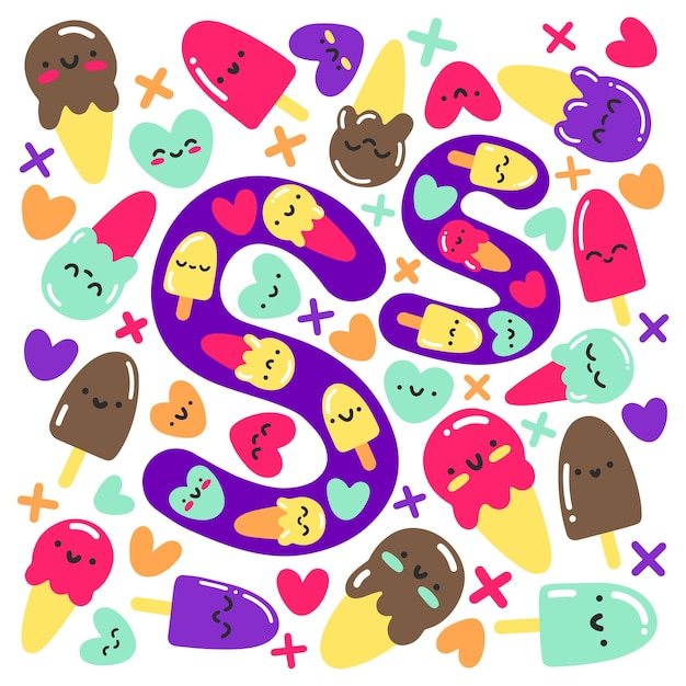 Fun kawaii vector poster with letter S cartoon doodles stickers for textile print cards decor