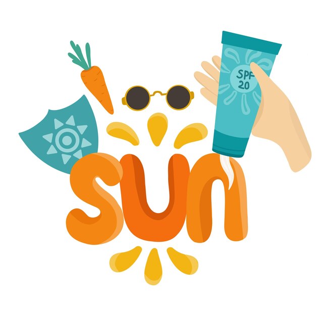 Fun lettering the sun and Sun Care Essentials Cream Protection and Sunglasses Illustrations