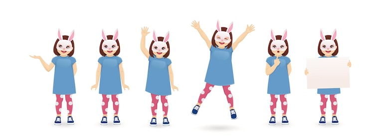 Vector fun little girl in bunny face mask different poses collection easter isolated vector illustration