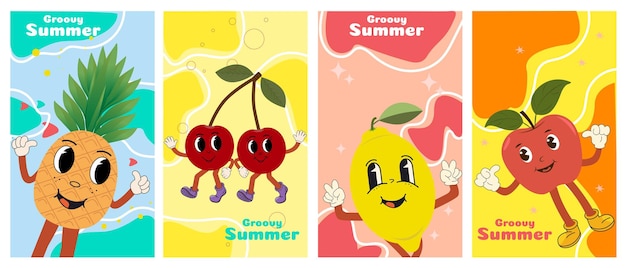 Vector fun and lively summer card in cartoon style set of posters with summer fruits and wishes