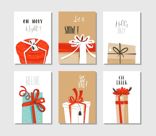 Vector fun merry christmas time  cards or tags collection set with cute illustrations of surprise gift boxes and modert typography isolated on craft paper background