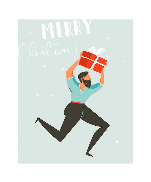 Vector fun merry christmas time illustration greeting card with running man and surprise gift box isolated on blue background