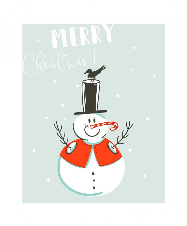    fun Merry Christmas time  illustration with Snowman in hat with bird isolated on blue background
