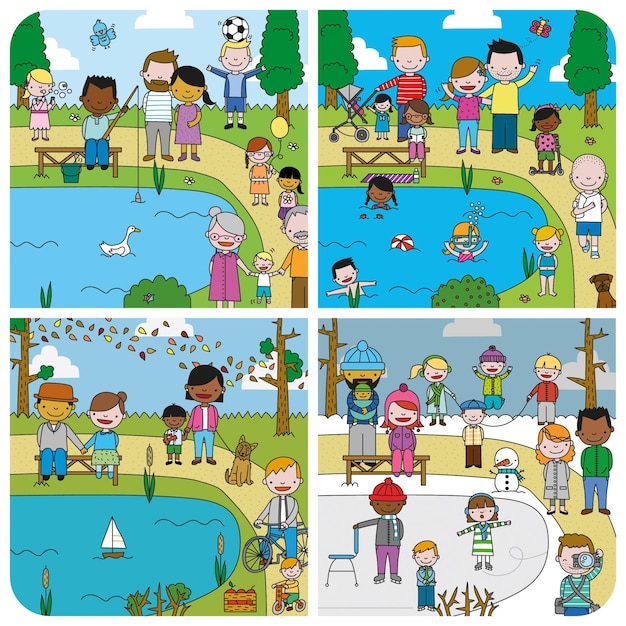 Fun at the park 4 seasons vector illustration