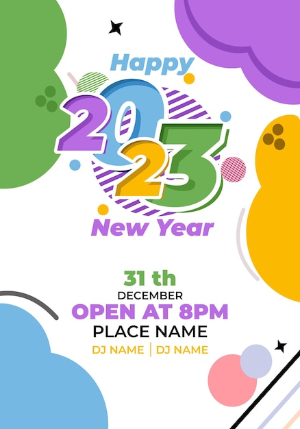 Fun Party New Year 2023 flat design template with time and venue details