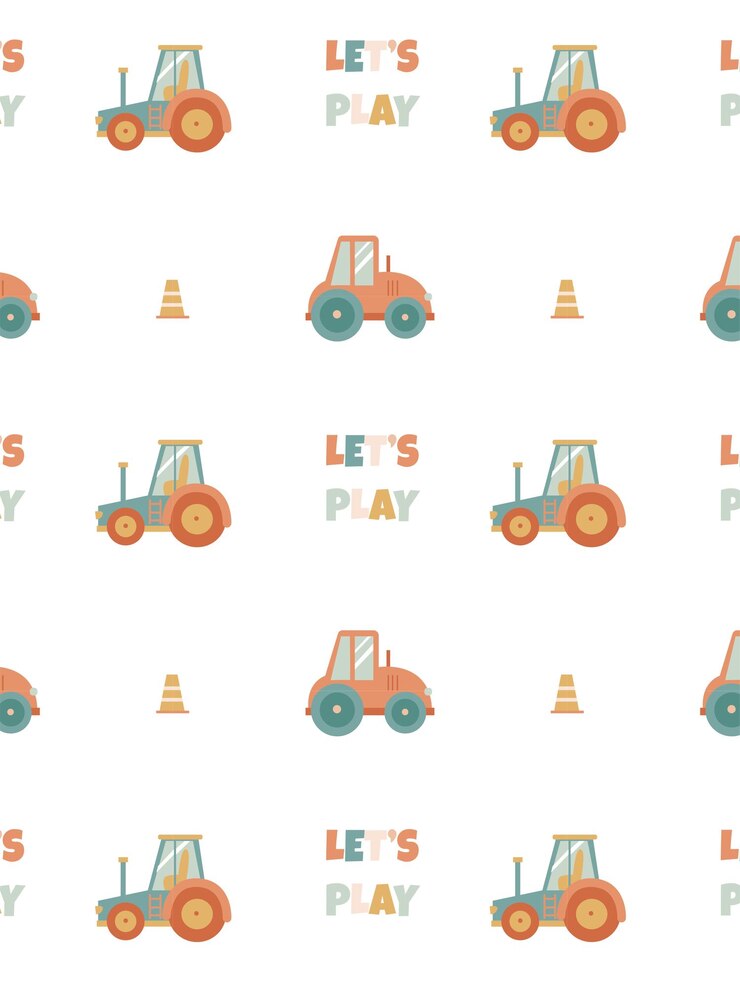 Vector fun pattern with tractors for childrens products on a white background