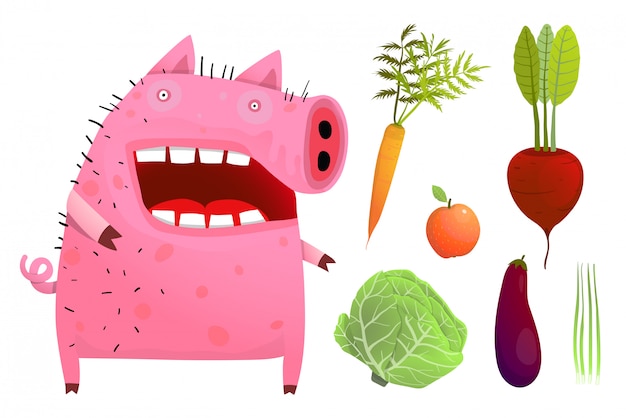 Fun Pig Eating Smart Vegetables Isolated